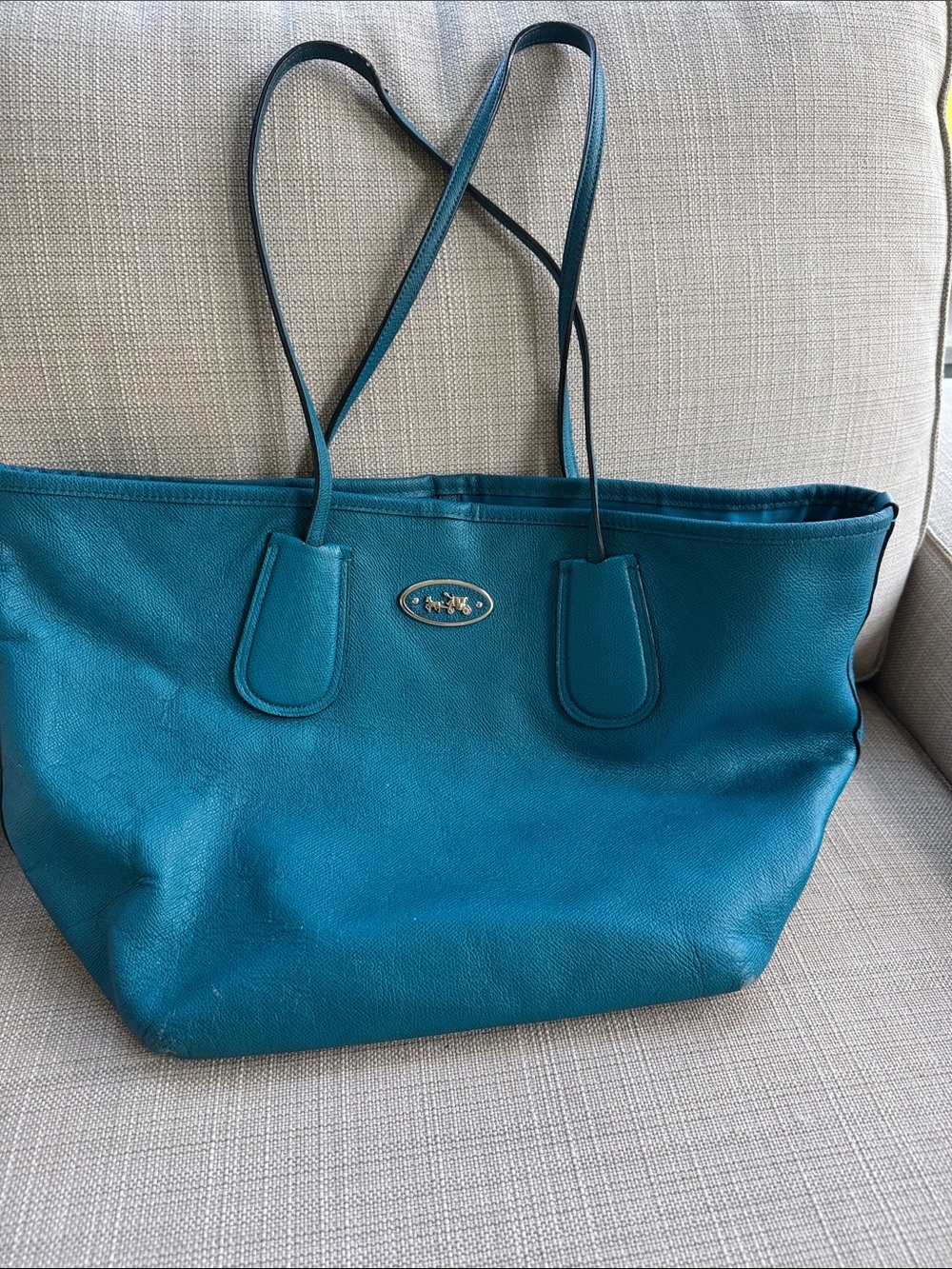 Coach Teal Leather Tote with Gold-Tone Logo